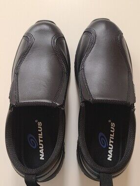 NWOT Nautilus SkidBuster N5064 Slip-On Safety Shoes Black Leather Women's 7.5 W